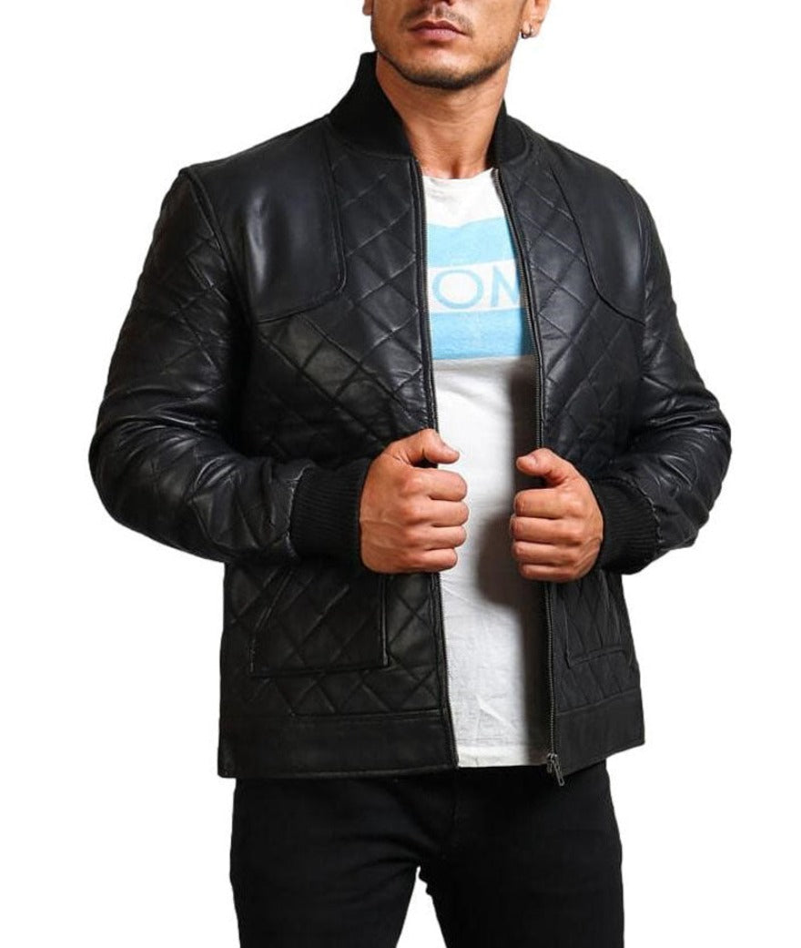 Picture on model wearing a mens quilted leather jacket in black, front view.