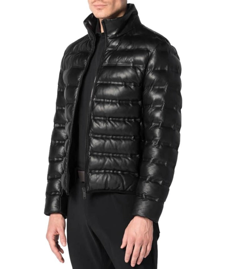 Picture of  model wearing our Black Quilted Leather Jacket Mens, with narrow rectanglar pattern.  Front view.