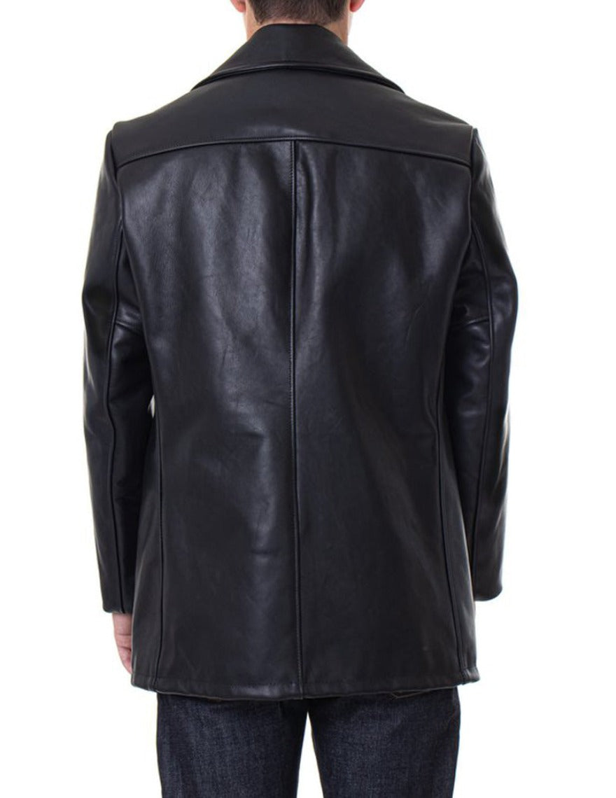 Picture of model wearing mens leather pea coat in black, rear view.