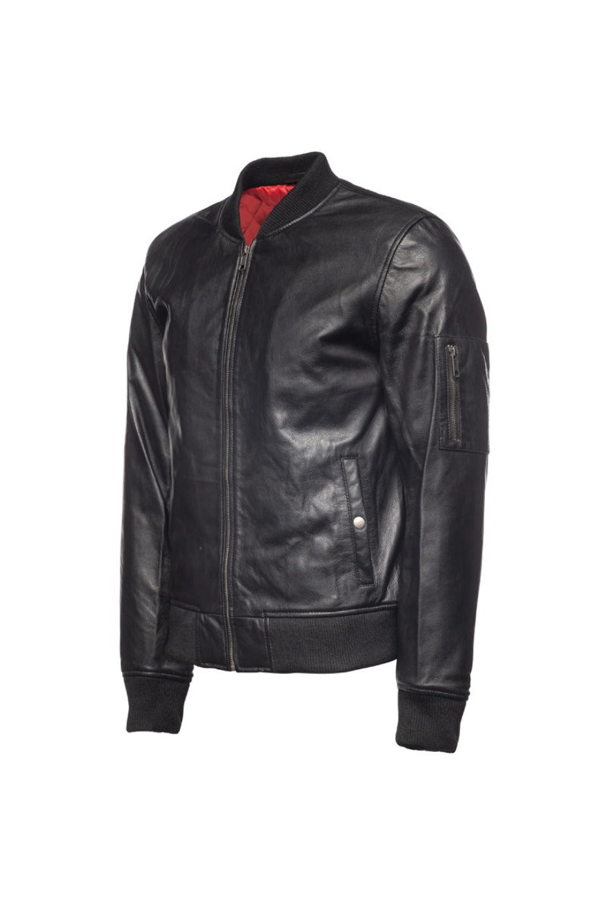Picture of our Mens Bomber Jacket Black Leather, side view.
