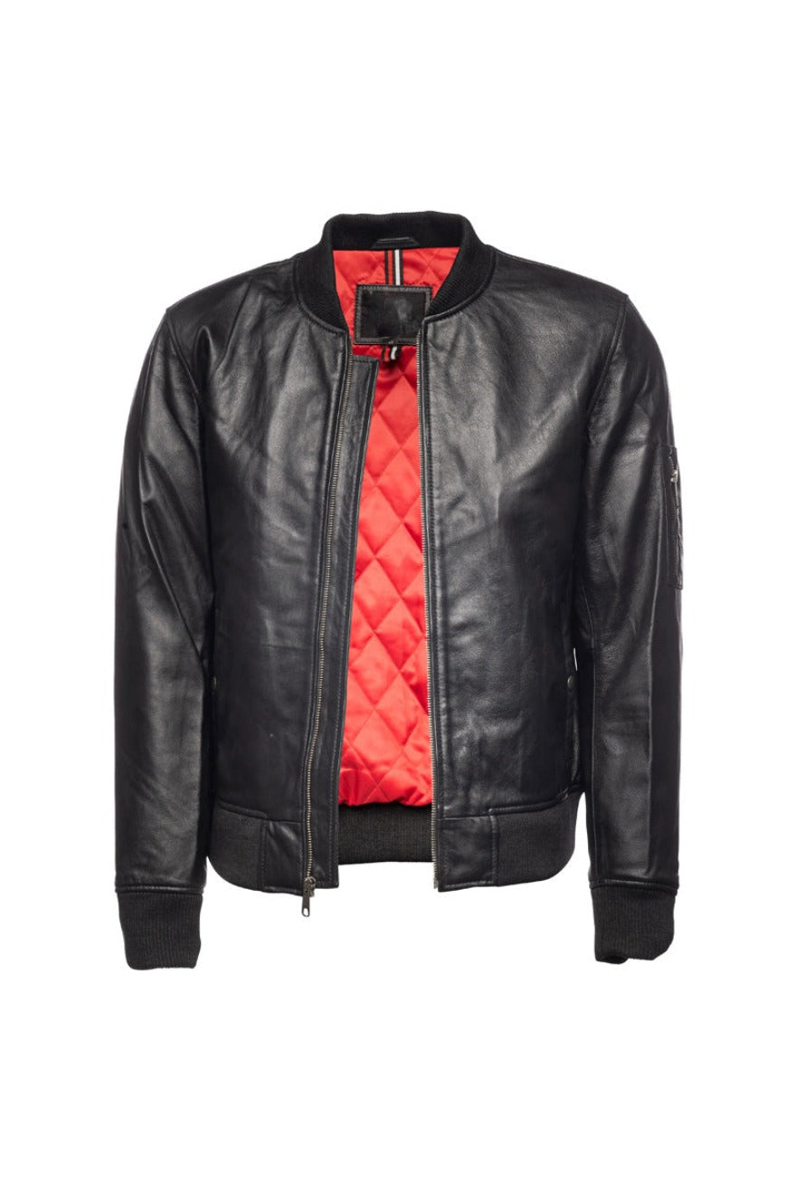 Picture of our Mens Bomber Jacket Black Leather, front view with zipper open showing red quilted liner