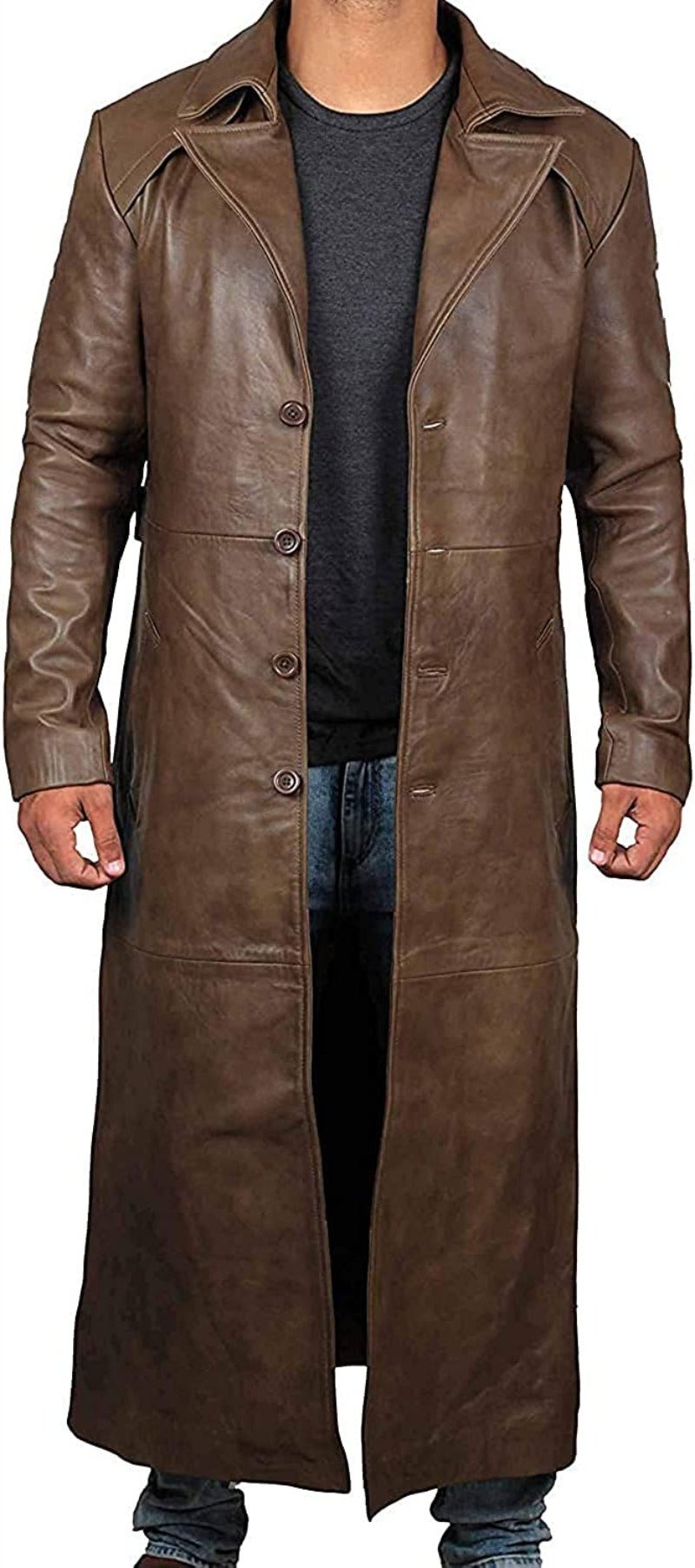 Picture of a model wearing our mens leather trench coat full length . Light brown  color, front view unbuttoned.