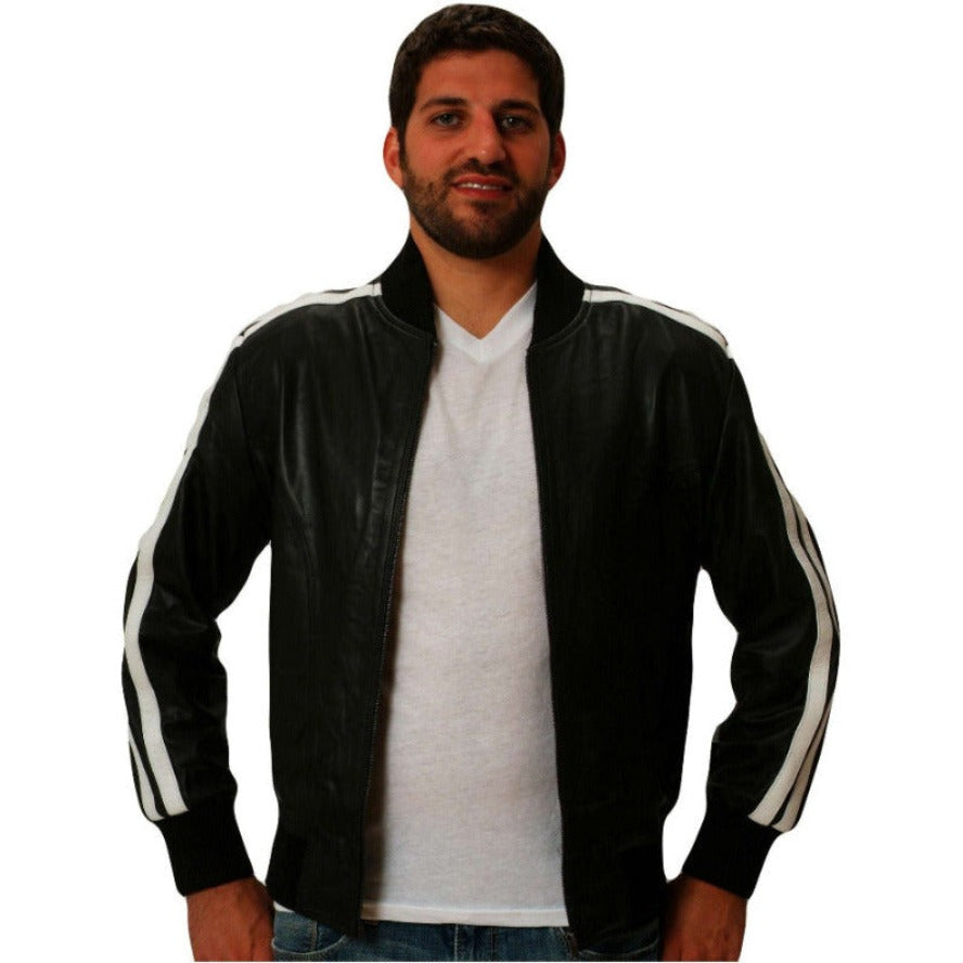Picture of a model wearing our Mens Casual Black Leather Jacket, front view with zipper open.