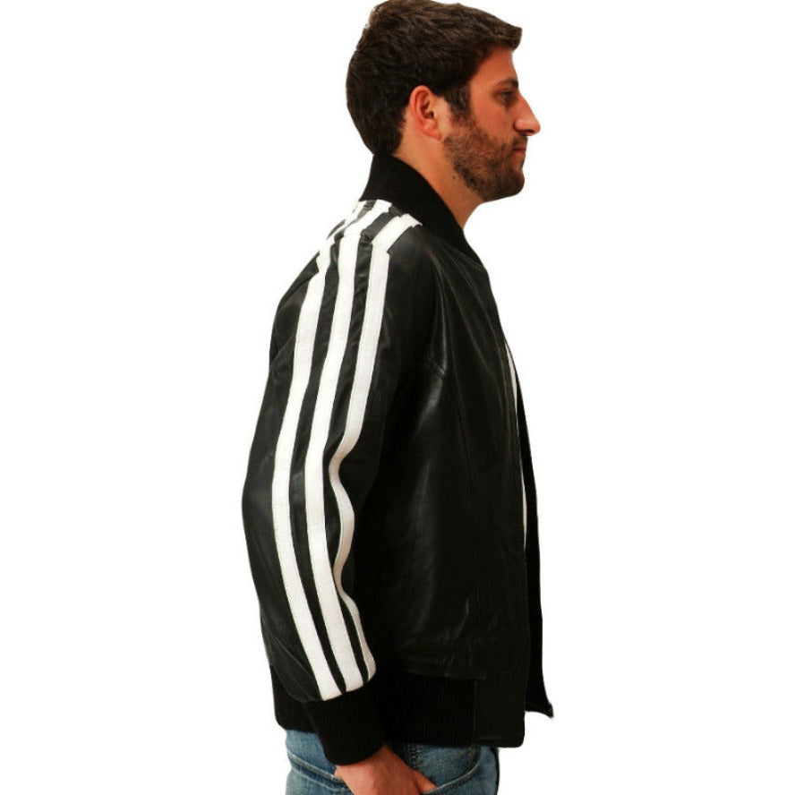 Picture of a model wearing our Mens Casual Black Leather Jacket, side view