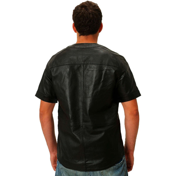 Womens Unisex Black Leather Baseball Jersey style Shirt Snakeskin Trim-  ChersDelights Leather Apparel