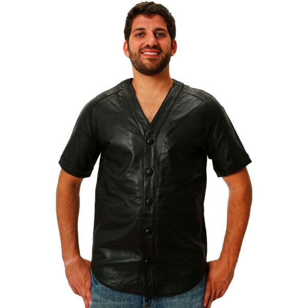 Stand Out in Style: Black Leather Baseball Jersey for Bold