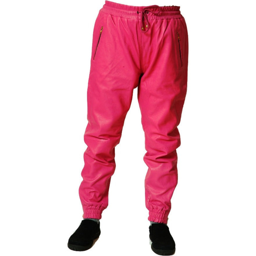 Picture of  a model wearing our Pink leather joggers front view