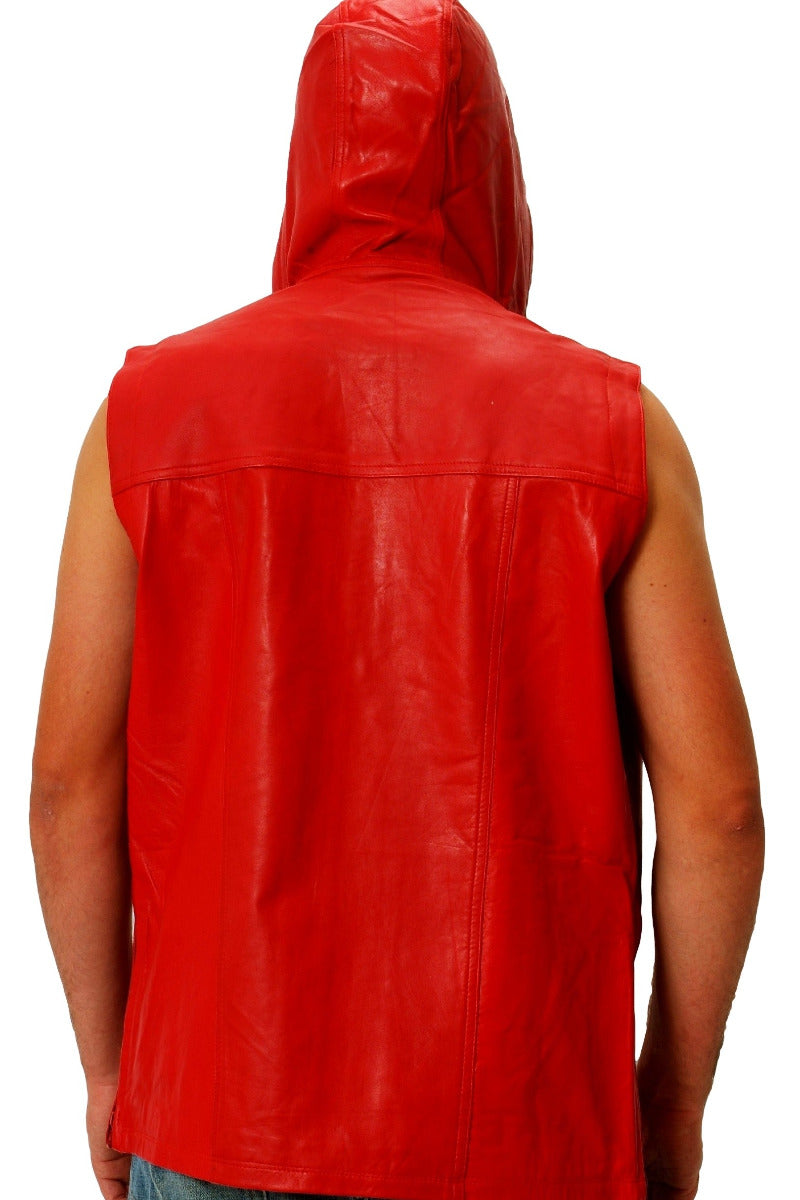 Picture of a model wearing a Sleeveless Leather Shirt in red, back view with hood up