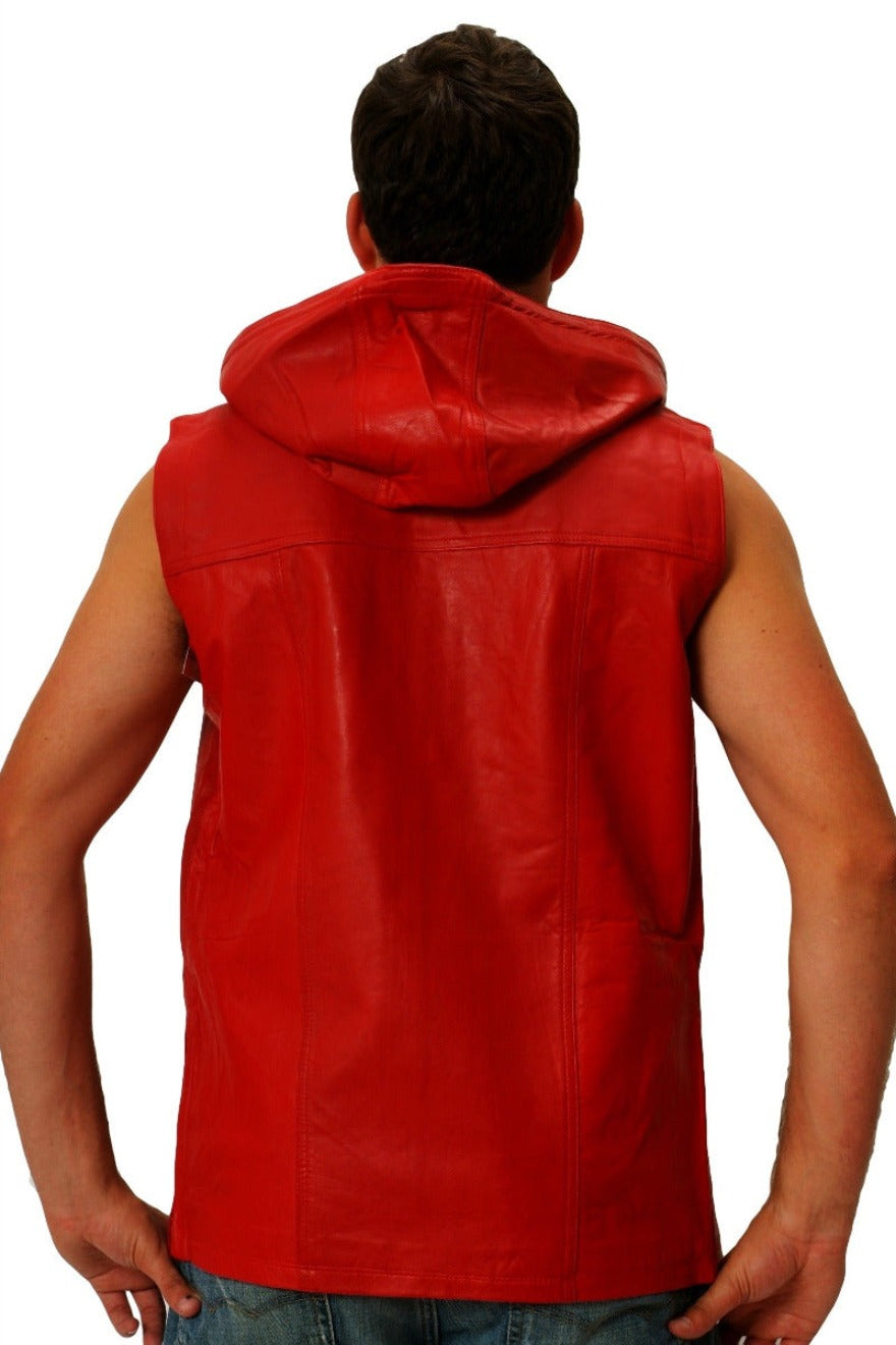 Picture of a model wearing our Mens Hooded Leather Vest  in Red,, back view with hood down