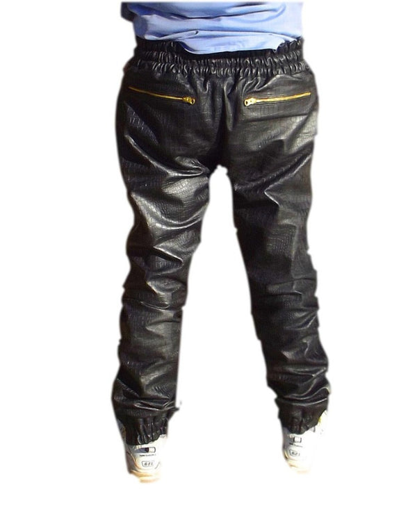 Black leather joggers cheap with gold zippers