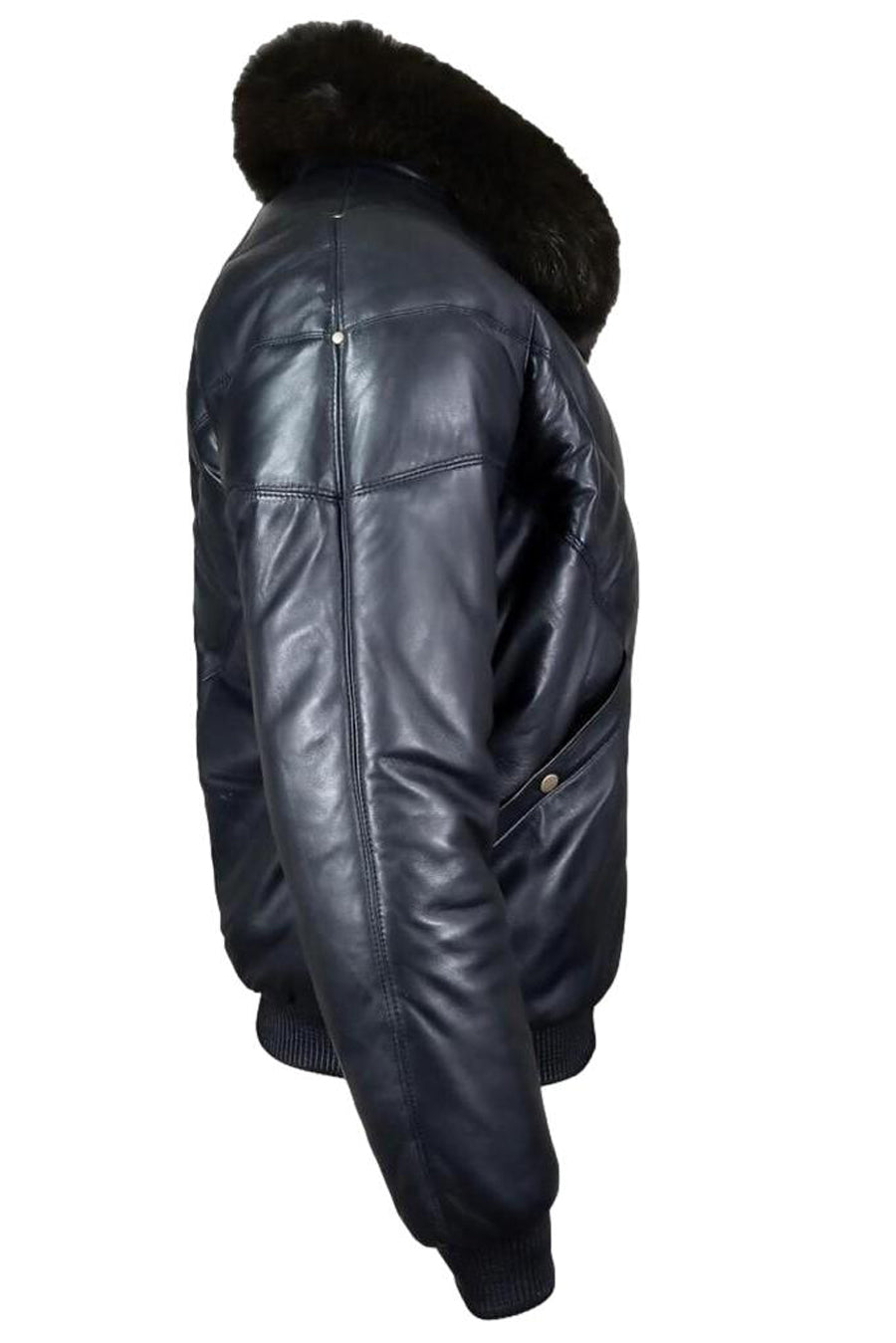 Picture of the side of our Mens Black Leather Bomber Jacket with Fur Collar.