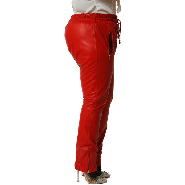 Womens Unisex Red Leather Sweat Pants Joggers Relaxed Fit Smooth Nappa Sheepskin Black Liner