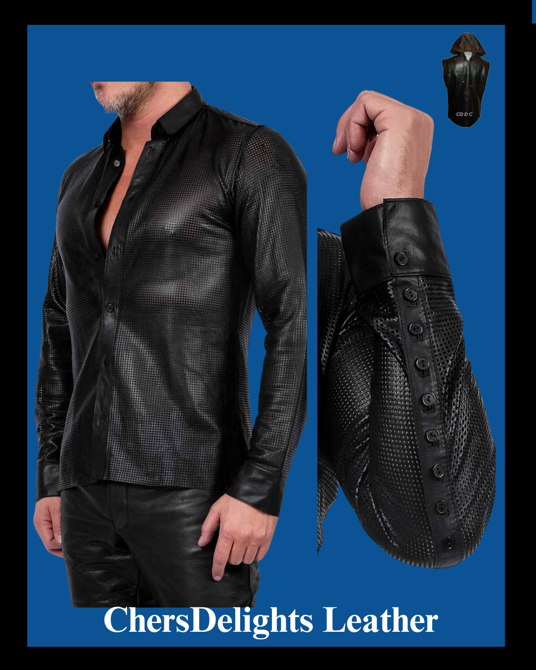 Collage image of our black leather shirt, side view & sleeve close up.