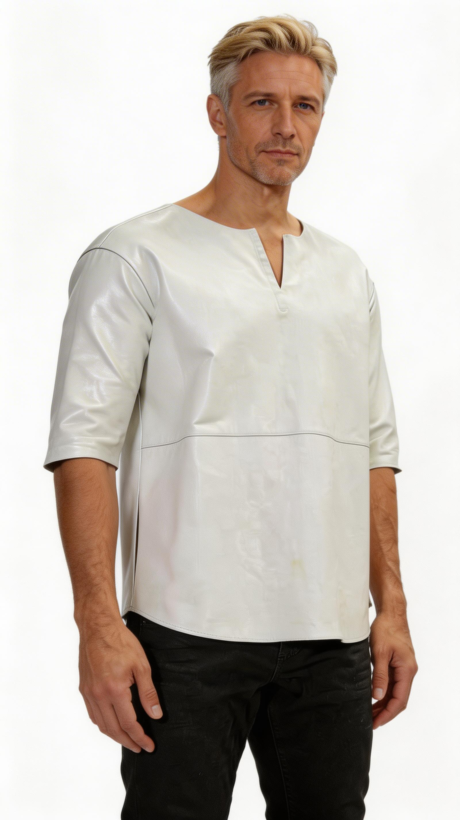 Mens's white leather tee with tunic collar