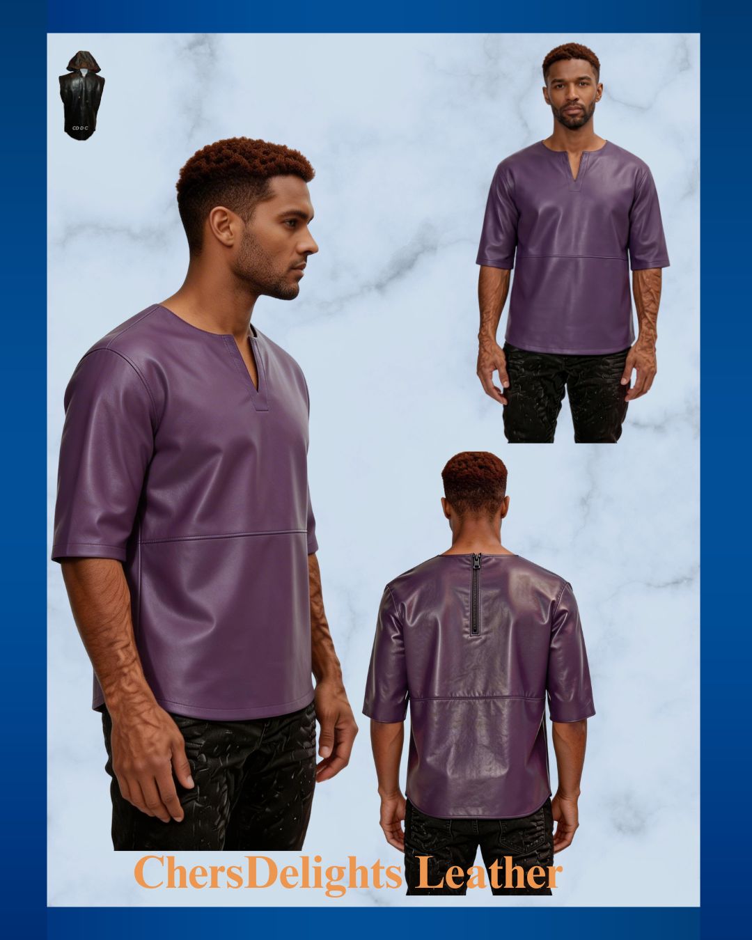 Collage image of our purple leather t-shirt on a model showing front,side and back views.