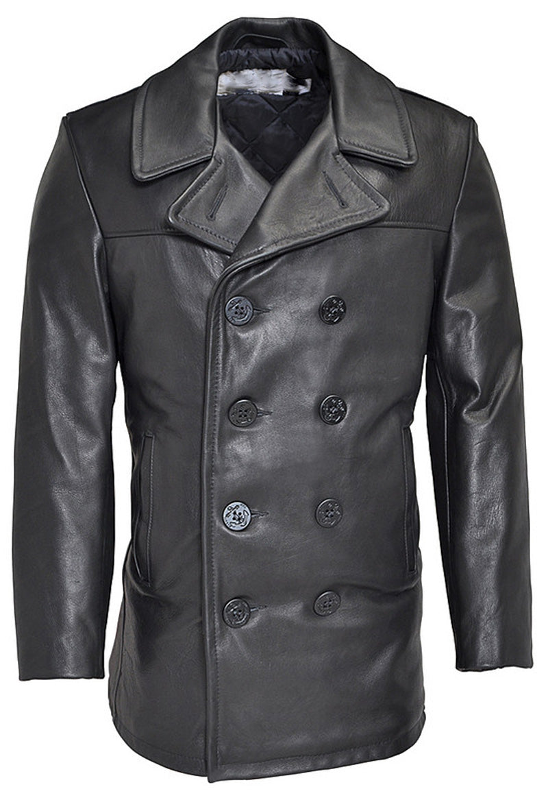 Picture of our  black leather peacoat, front view.