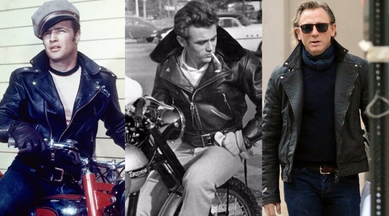 Marlon Brando, and james dean wearing leather moto jackets sitting on motorcycles.
