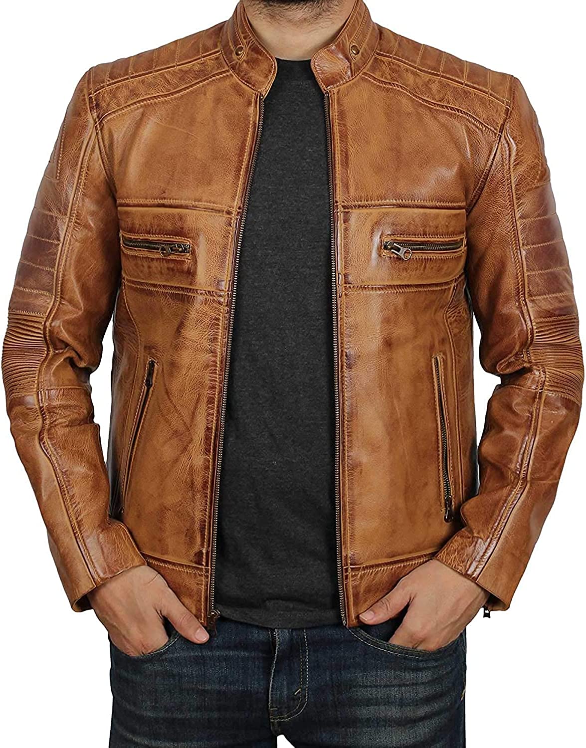 Picture of a model wearing our Tan Cafe Racer Jacket, front view.