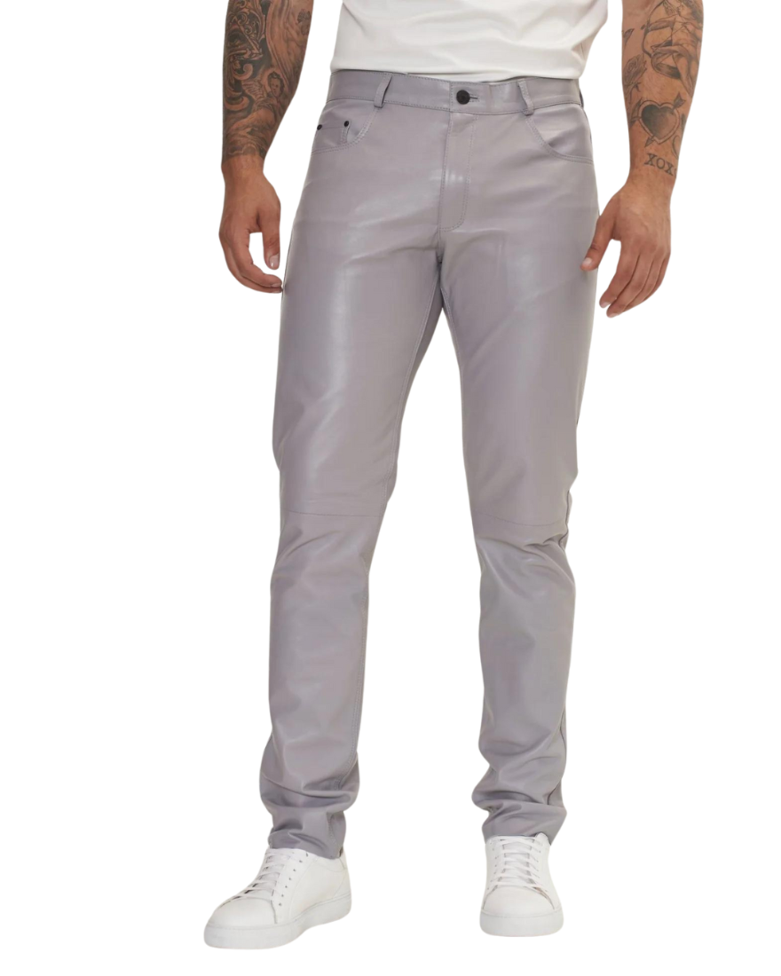 Picture of a model wearing our light grey leather pants. front view.