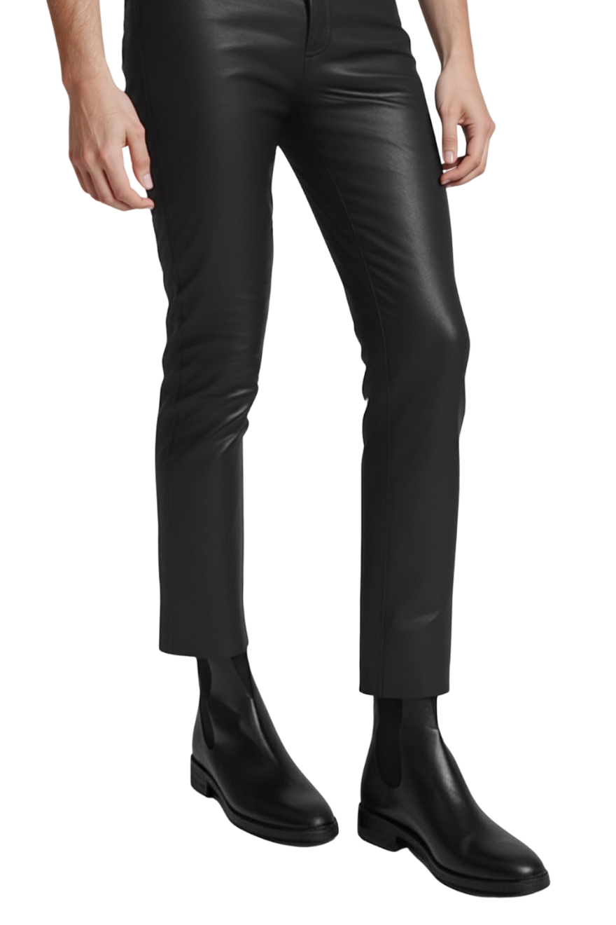 Picture of a model wearing our 5 Pocket Leather Jeans Men's, side view.