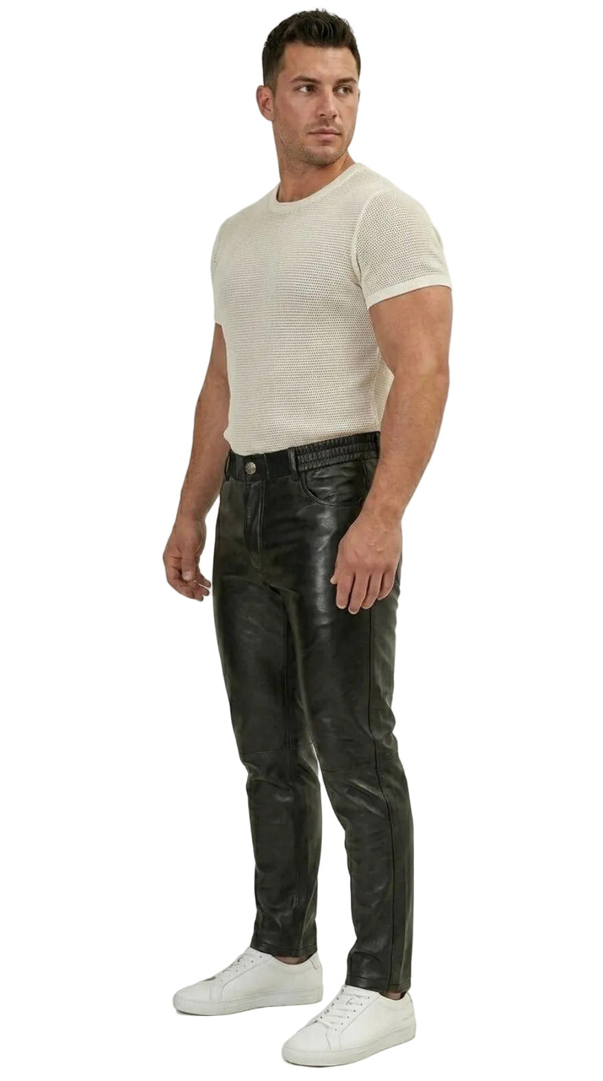 Person wearing our Big and Tall Men's Leather Pants on a white background, front view.