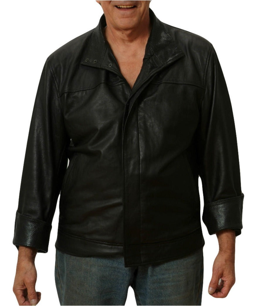 Picture of a model wearing our Black Snakeskin Leather Jacket with snakeskin collar and cuffs, front view.
