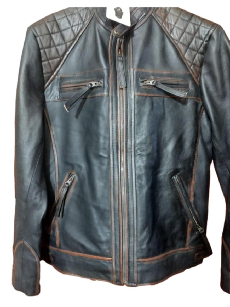 Picture of our black Distressed Cafe Racer Jacket rubbed and waxed for a distressed appearance,, front view.