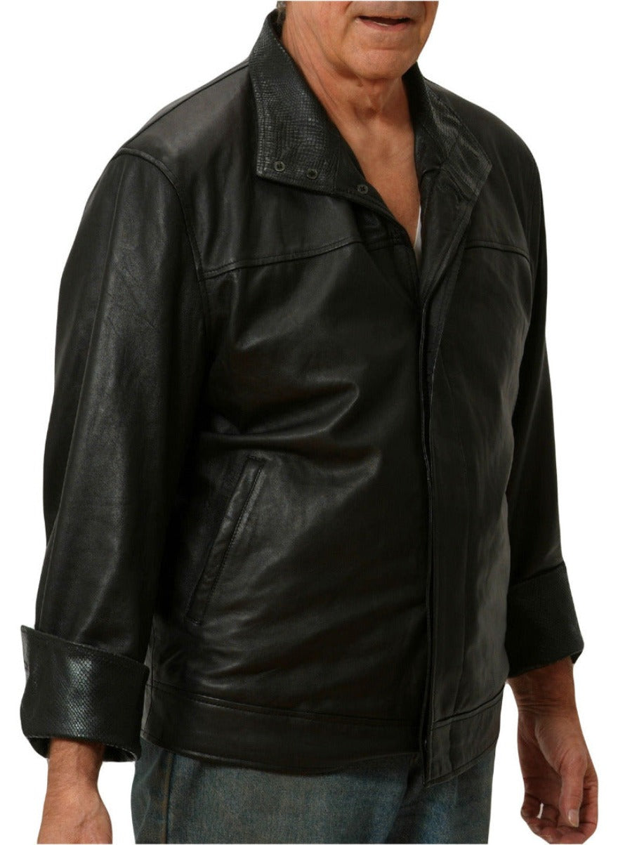 Picture of a model wearing our Black Snakeskin Leather Jacket with snakeskin collar and cuffs, side view.