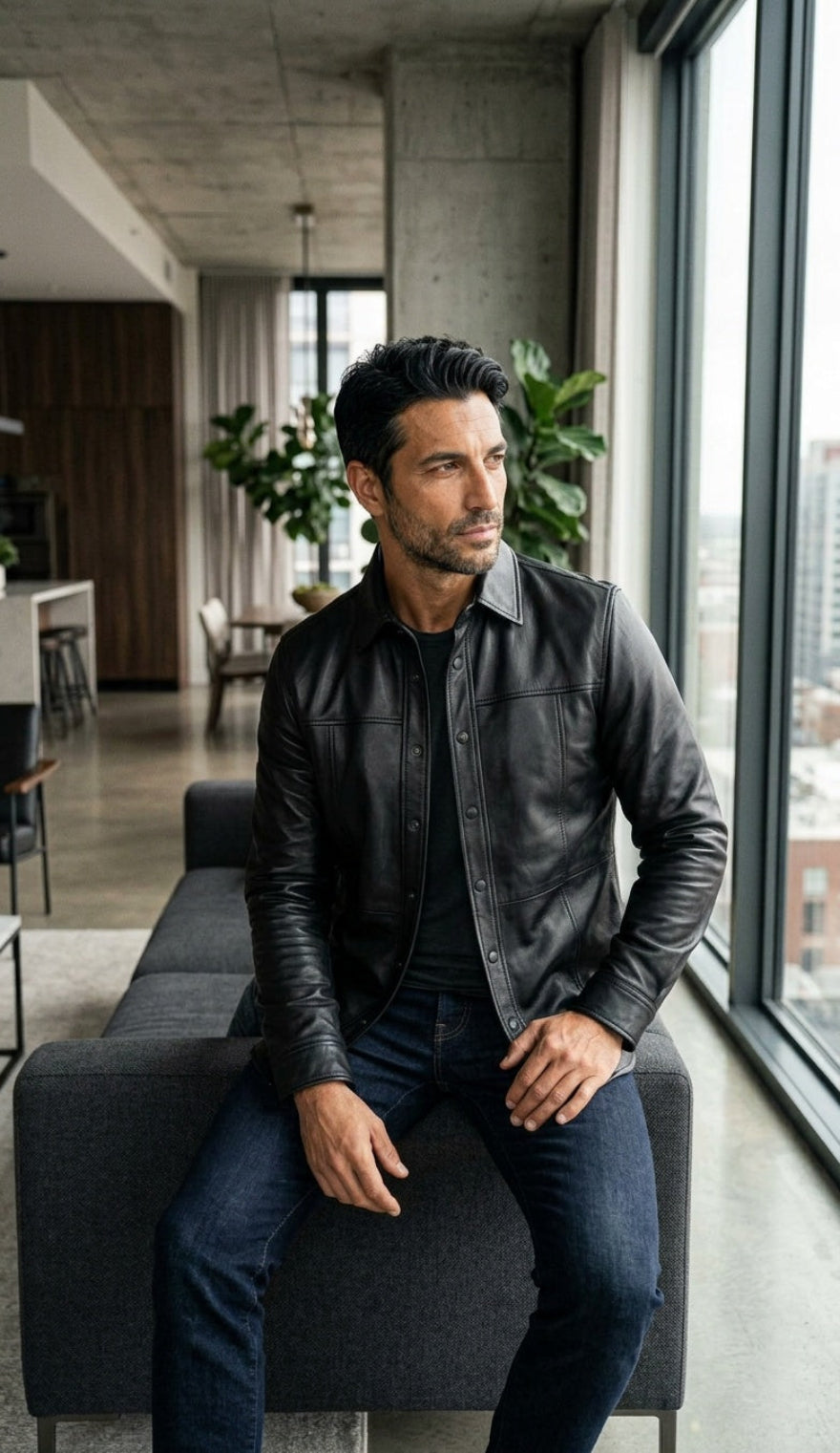 A man wearing our black custom leather shirt over a black tee shirt and dark blue jeans, sitting on a dark gray sofa in a modern loft apartment with large windows.