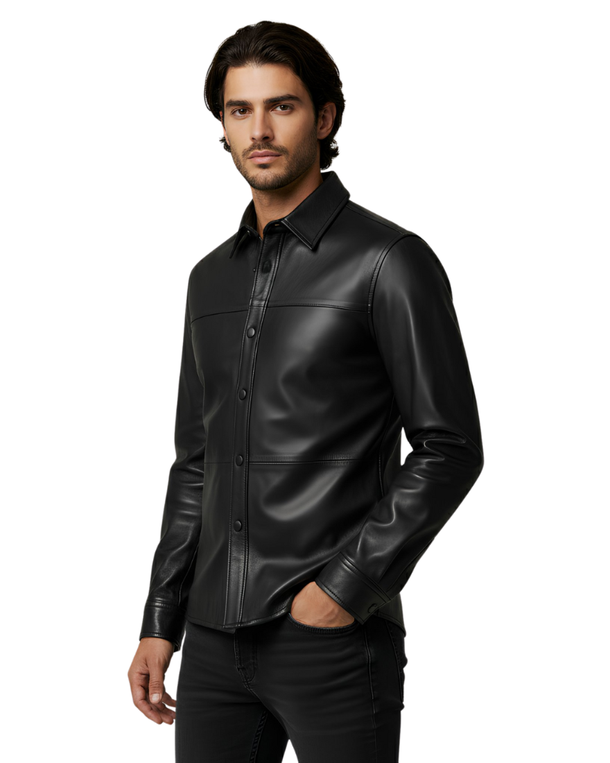 Man wearing our Black Leather Shirt Mens on a white background, side view.