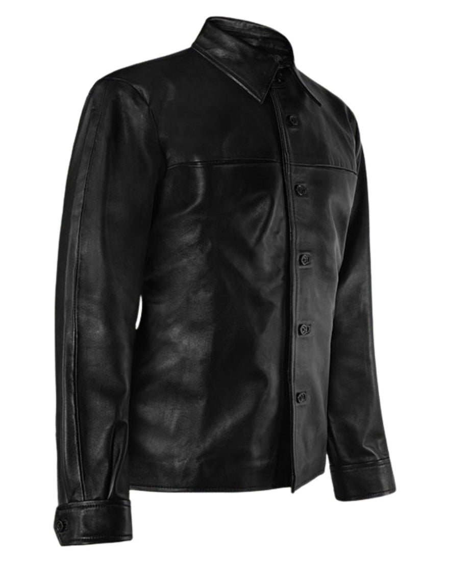 Picture of our Black Leather Button Up Shirt , Side view
