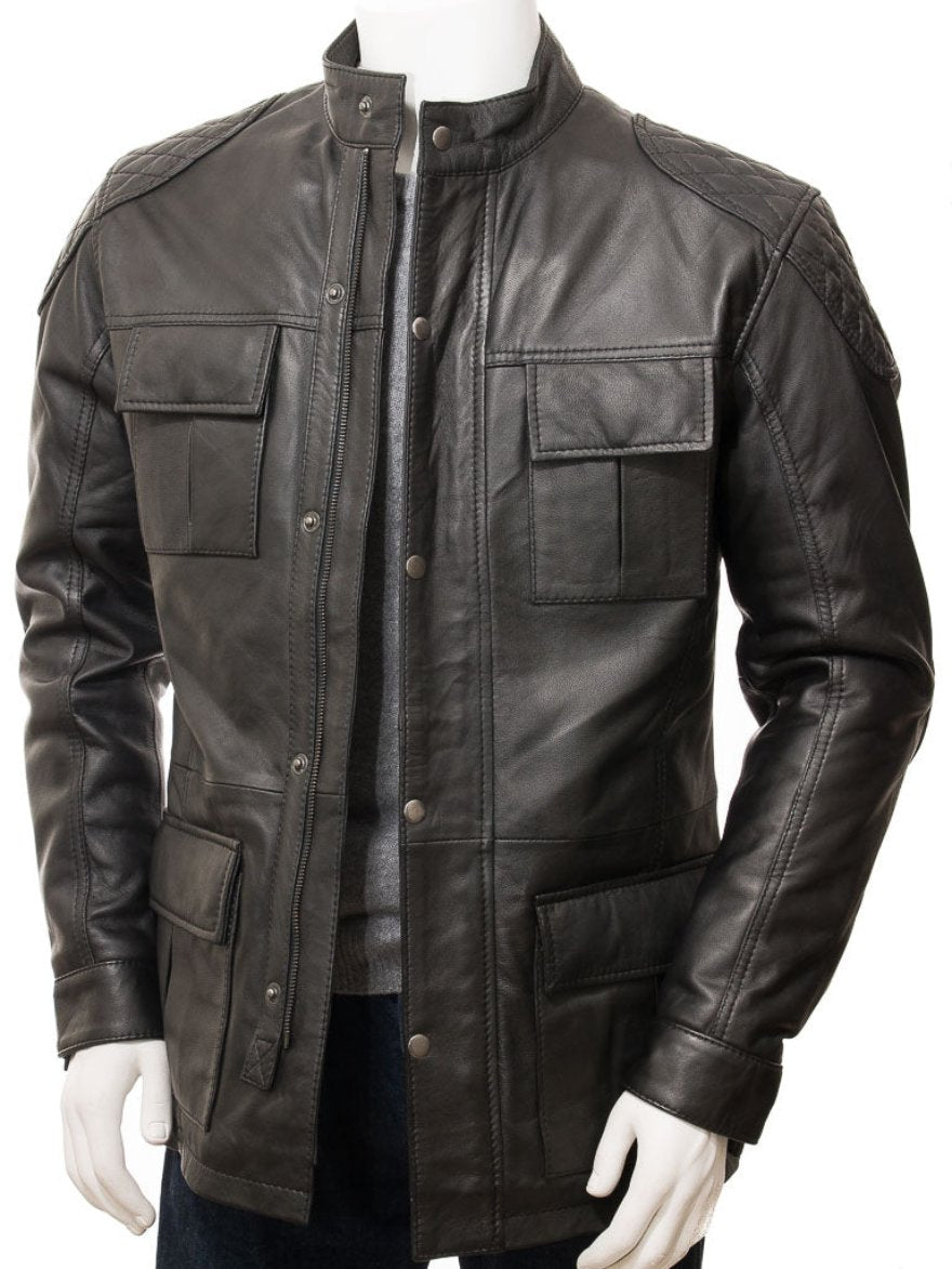 Picture of our Black Leather Field Jacket, Front view.