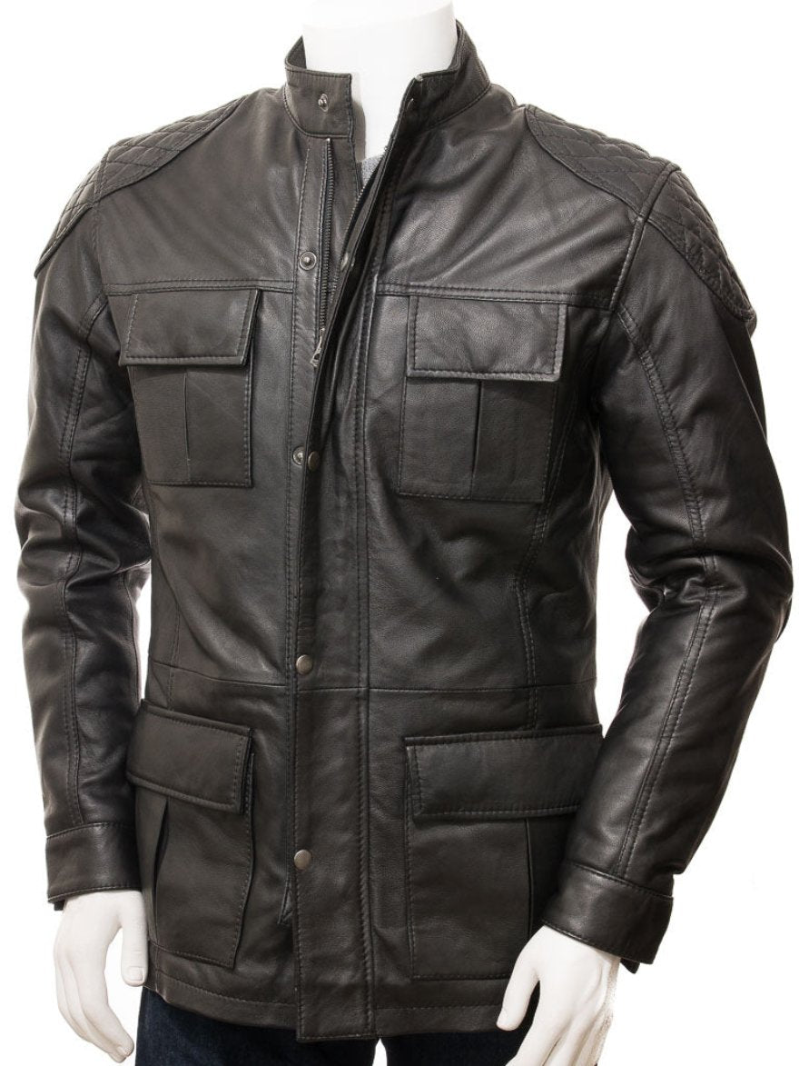 Picture of our Black Leather Field Jacket, Front view.