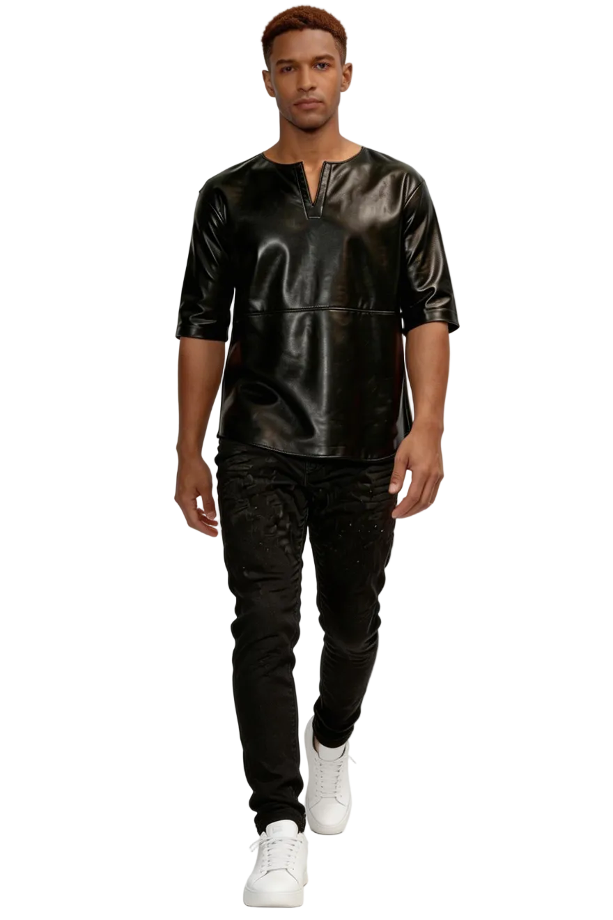 Man wearing our Black Leather T Shirt Tunic Collar on a white background, walking pose.