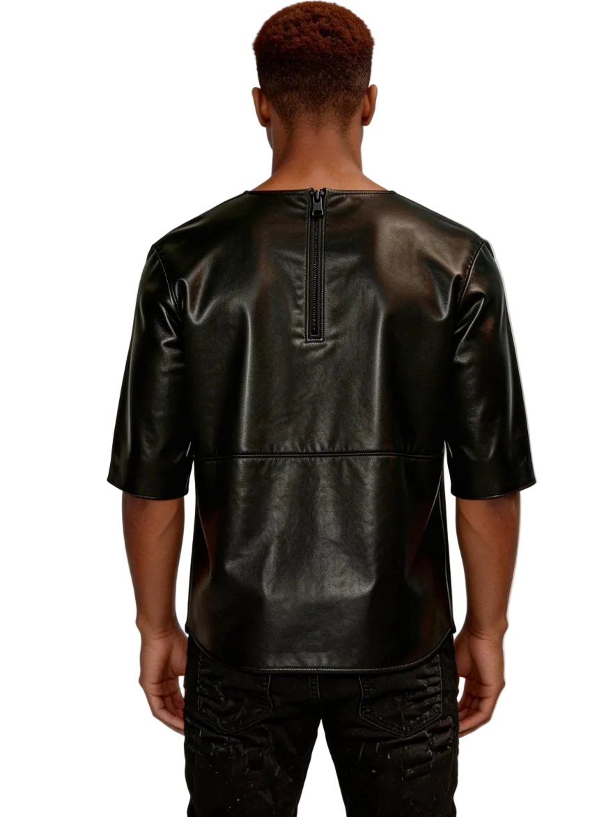 Person wearing our Black Leather T Shirt Tunic Collar on a white background, back view.