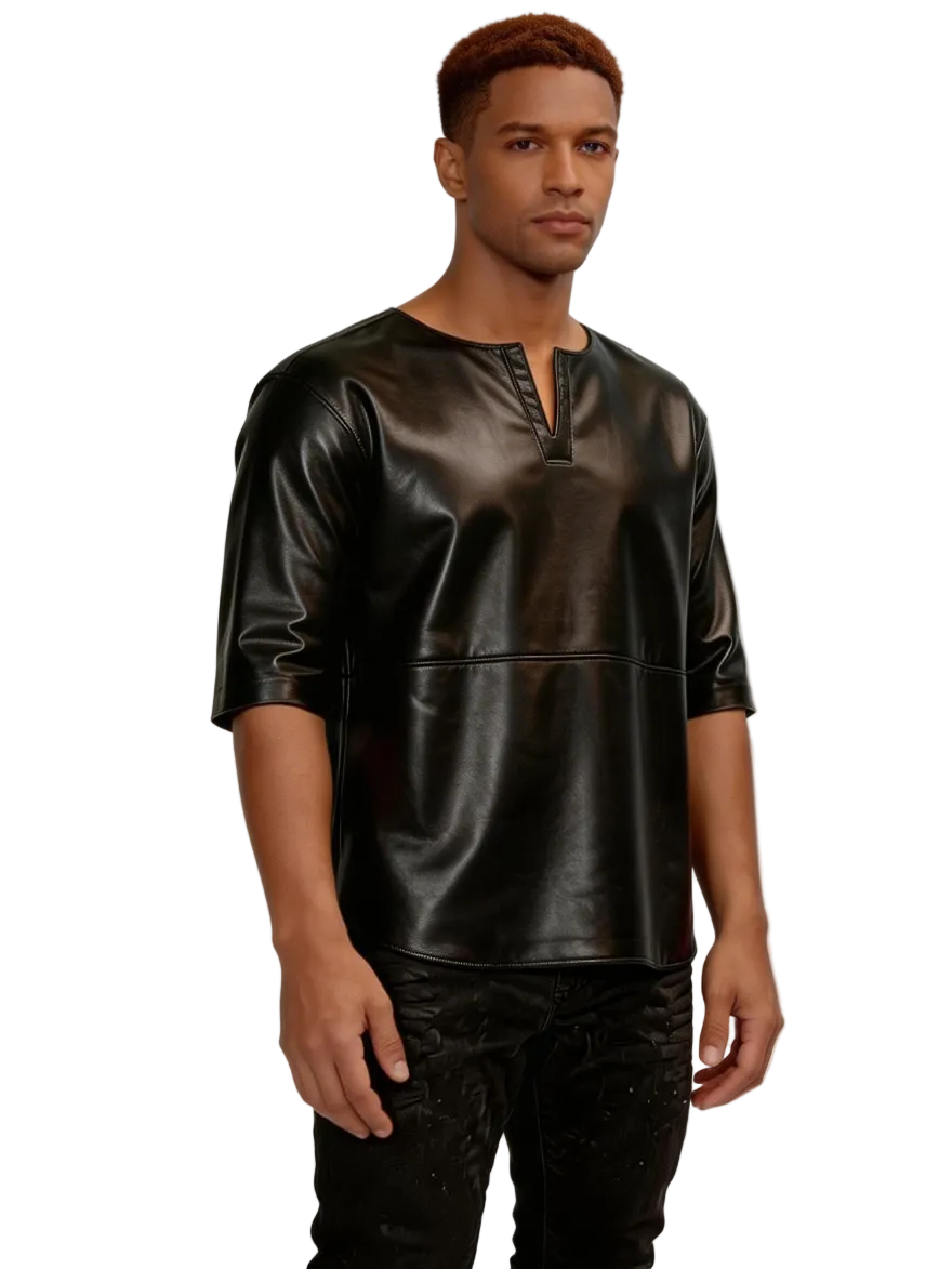 Man wearing our Black Leather T Shirt Tunic Collar on a white background, side view.