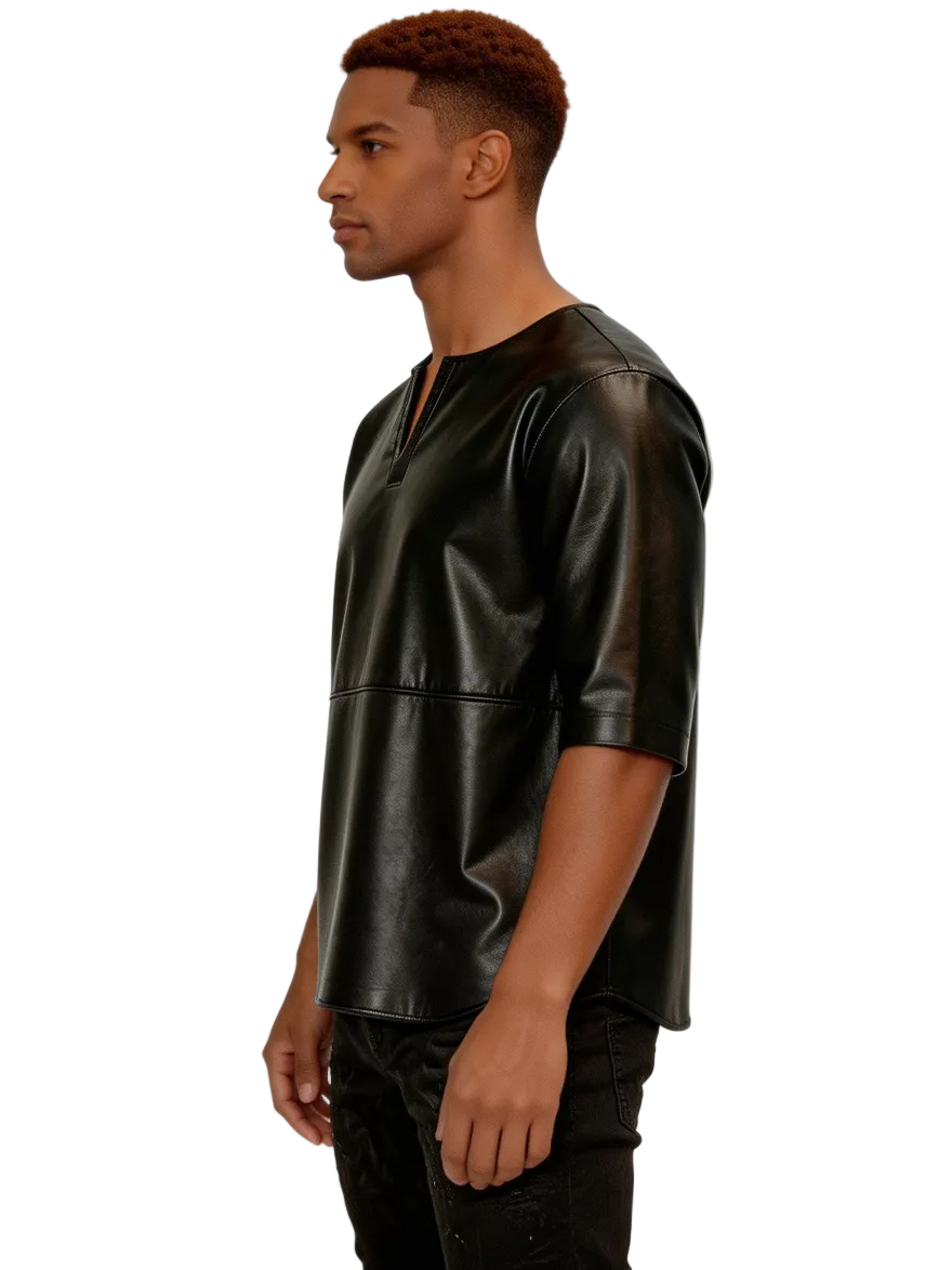 Man wearing our Black Leather T Shirt Tunic Collar on a white background, side view.