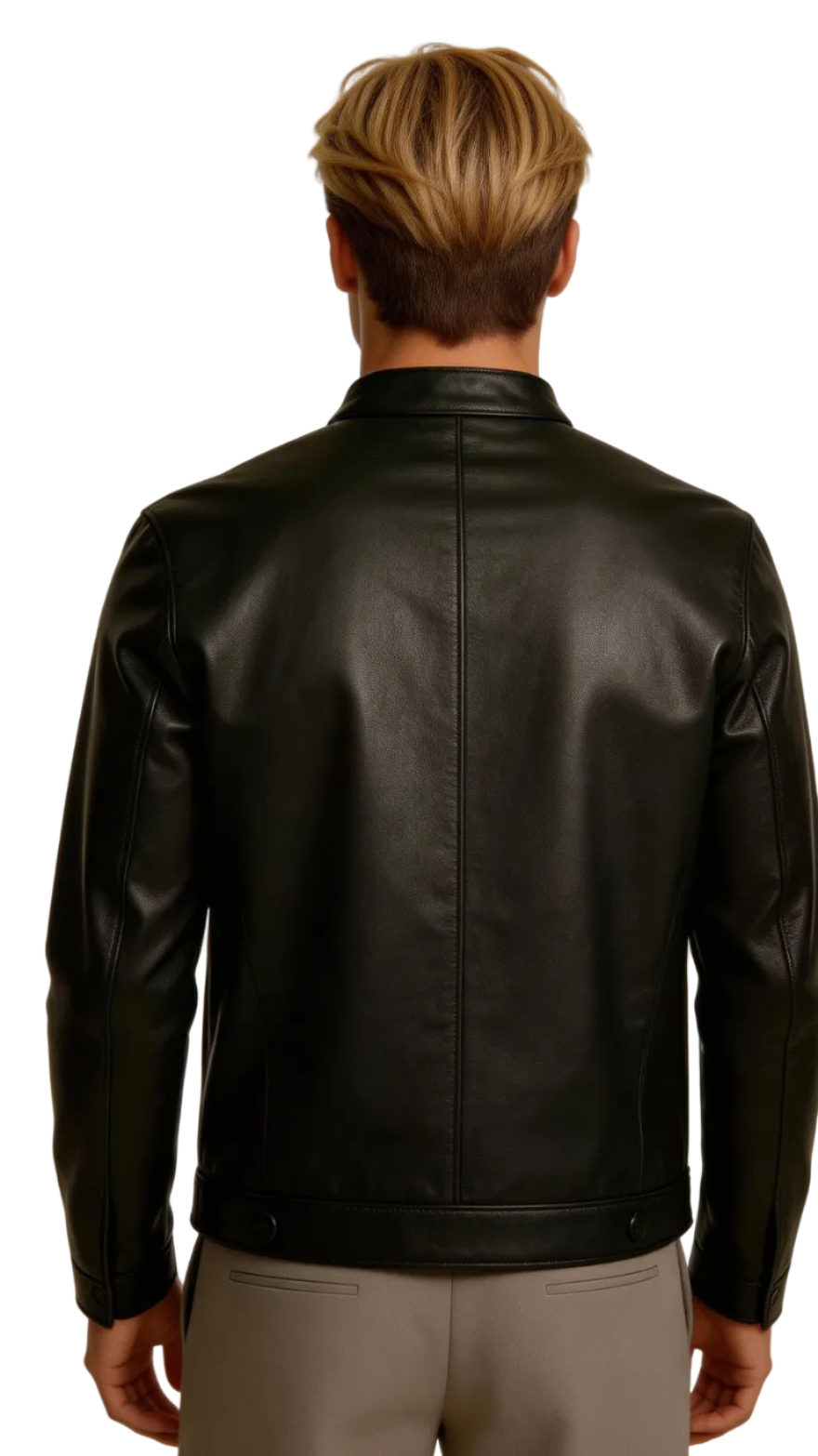 Man wearing our Black Long Sleeve Leather Shirt  on a white background, back view