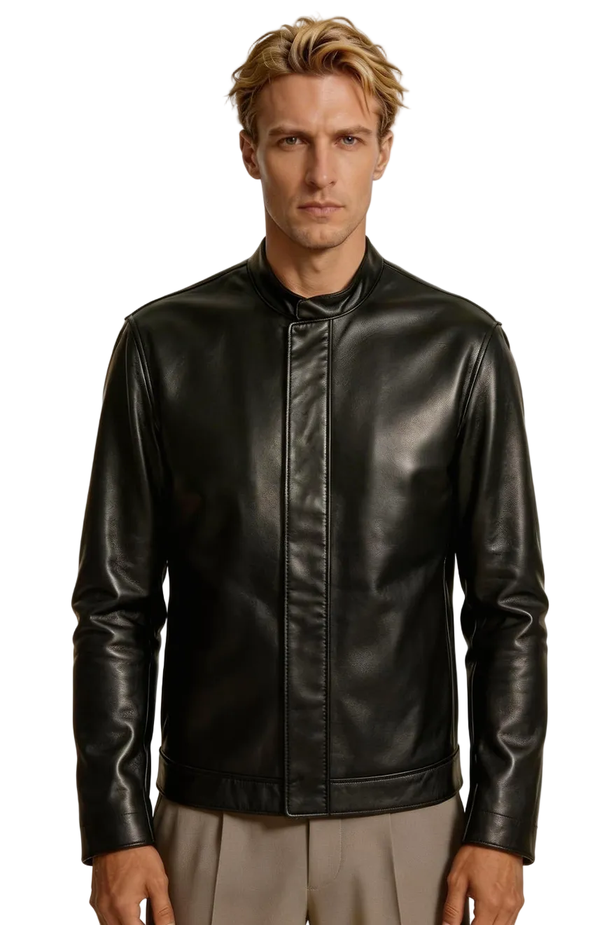 Man wearing our Black Long Sleeve Leather Shirt on a white background, front view.
