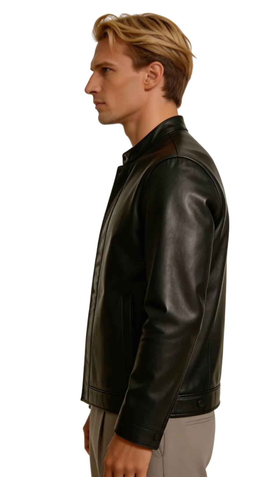 Man wearing our Black Long Sleeve Leather Shirt on a white background