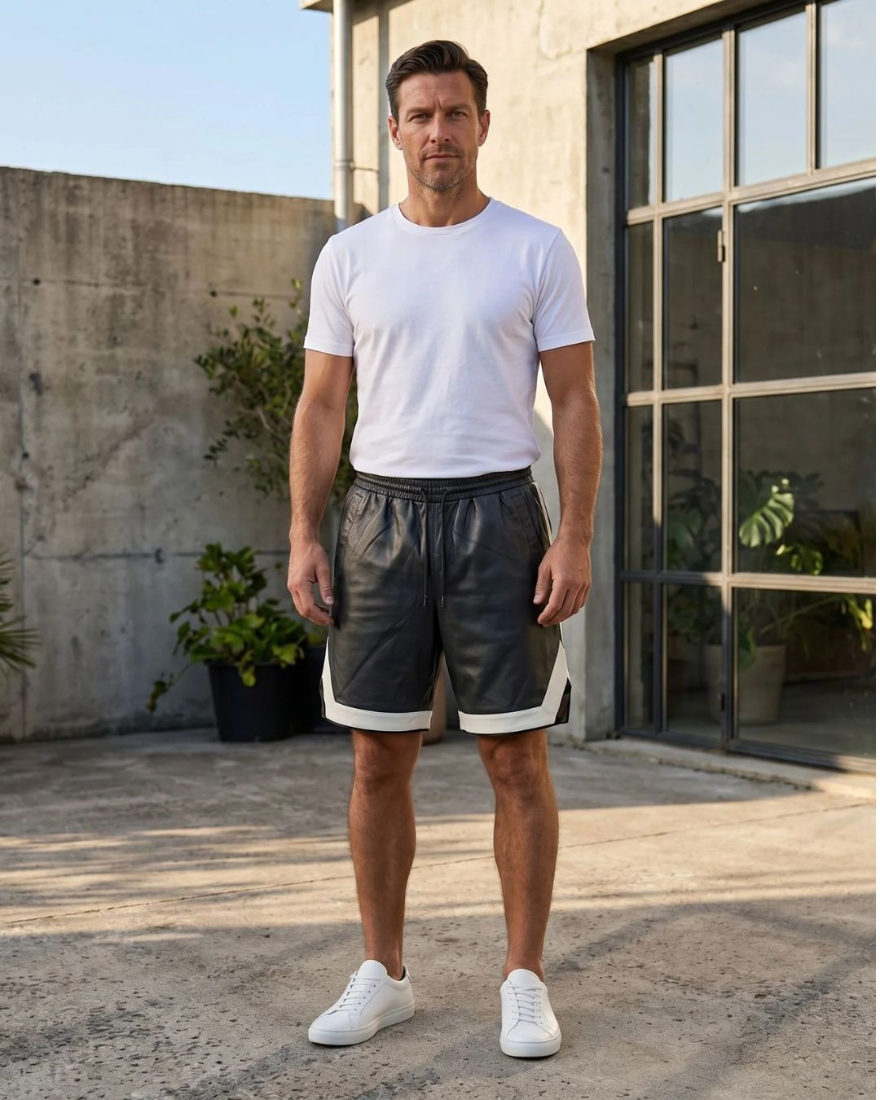 Man wearing a white t-shirt and our Black Mens Leather Shorts with Contrast Side Stripe  standing outdoors.