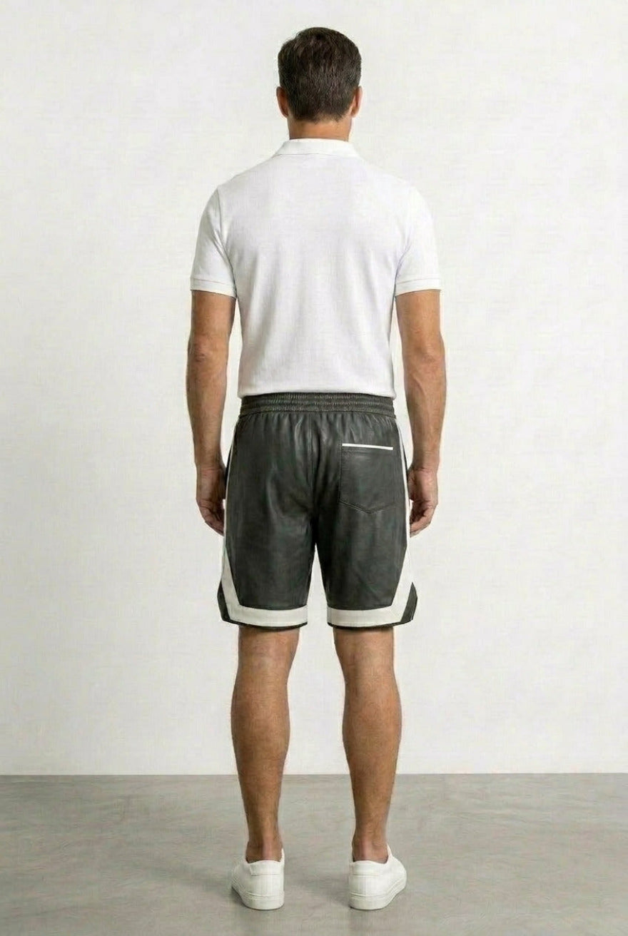 Back View Black Mens Leather Shorts Custom Inseam Design