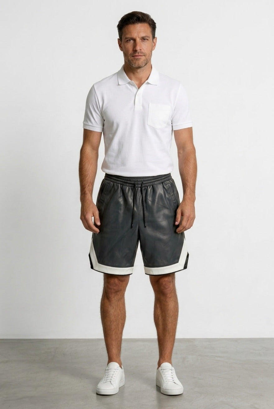 Black Mens Leather Shorts with Contrast Side Stripe Custom Fit, front view.