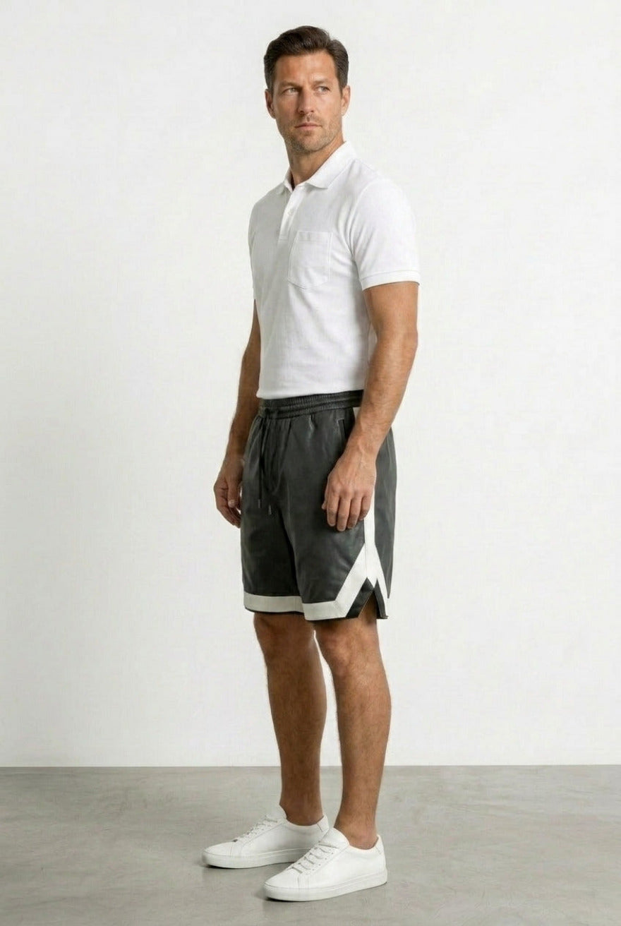Side View Black Mens Leather Shorts with Contrast Side Stripe
