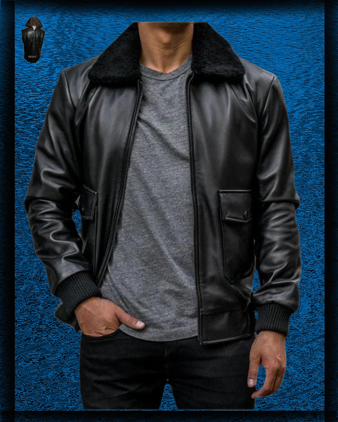 Model wearing our black Pilot Leather Jacket for Men front view with zipper open on a dark blue bakground.