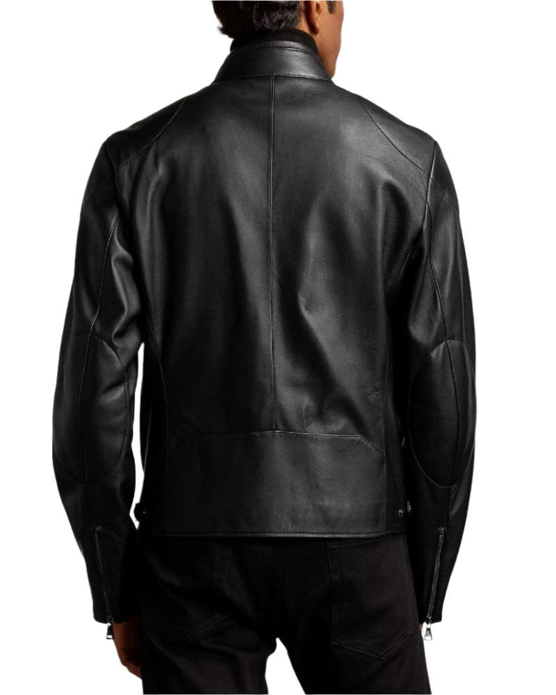 Picture of our black leather jacket bck view on a model.