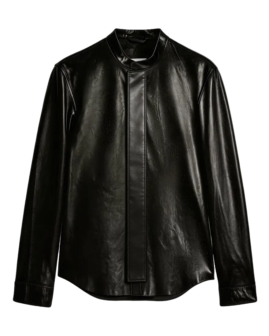 Black leather long sleeve shirt on a white background