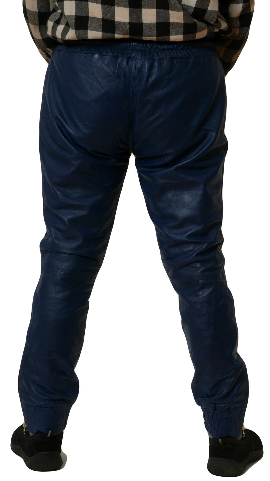 Picture of a model wearing our blue leather joggers, back view