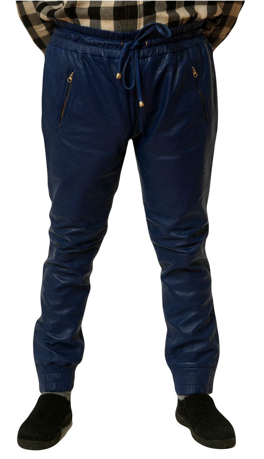 Picture of a model wearing our blue leather joggers, front view