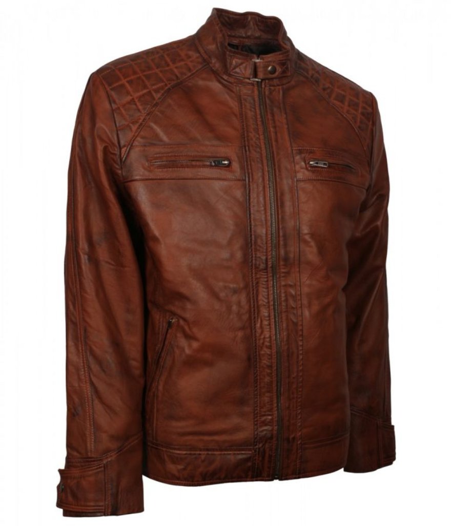 Picture of our brown cafe racer jacket on a mannequin, side view